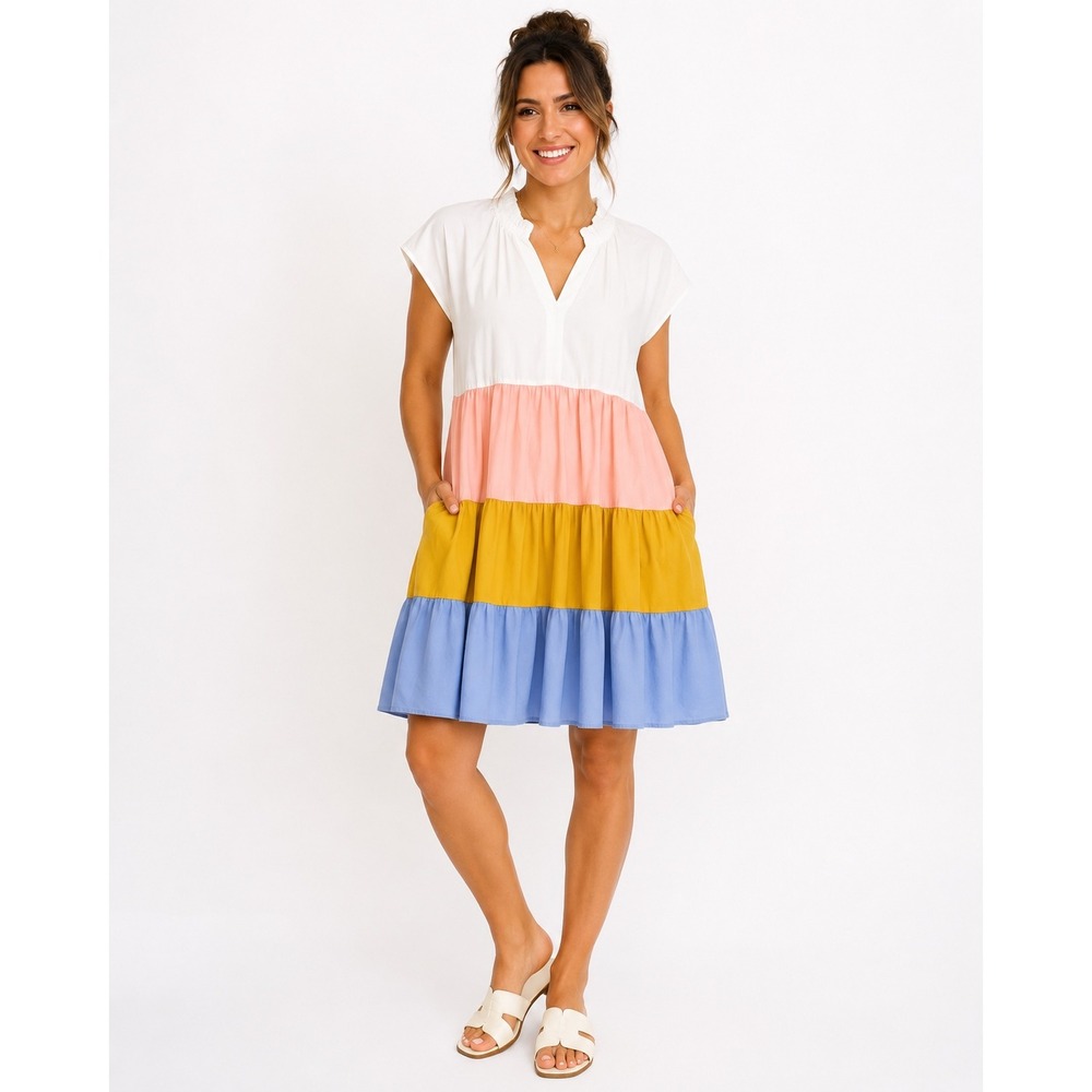 Crosby by Mollie Burch Colorblock Tiered Mini Dress White Pink Yellow Blue M
